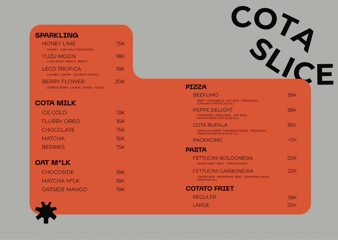 COTA SLICE menu — Sparkling, Cota Milk, Oat M*lk, Pizza, Pasta and Cotato Friet
